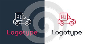 Logotype line Autonomous artificial Intelligence smart car icon isolated on white background. Logo design template