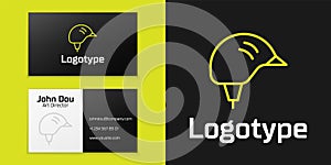 Logotype line Bicycle helmet icon isolated on black background. Extreme sport. Sport equipment. Logo design template photo