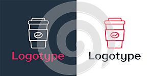 Logotype line Coffee cup to go icon isolated on white background. Logo design template element. Vector