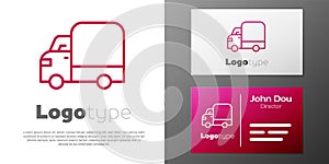 Logotype line Delivery cargo truck vehicle icon isolated on white background. Logo design template element. Vector