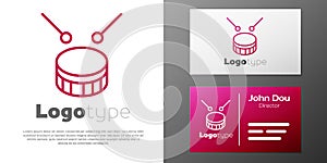 Logotype line Drum with drum sticks icon isolated on white background. Music sign. Musical instrument symbol. Logo