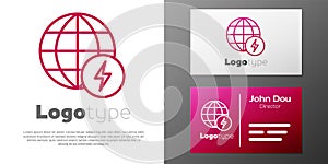 Logotype line Global energy power planet with flash thunderbolt icon isolated on white background. Ecology concept and