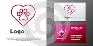 Logotype line Heart with animals footprint icon isolated on white background. Pet paw in heart. Love to the animals