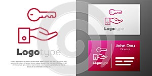 Logotype line Hotel door lock key icon isolated on white background. Logo design template element. Vector