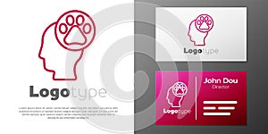 Logotype line Human head with animals footprint icon isolated on white background. Pet paw in heart. Love to the animals