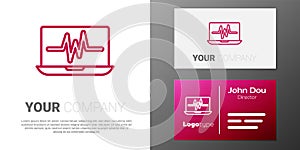 Logotype line Laptop with cardiogram icon isolated on white background. Monitoring icon. ECG monitor with heart beat