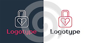 Logotype line Lock and heart icon isolated on white background. Locked Heart. Love symbol and keyhole sign. Valentines