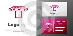 Logotype line Luxury limousine car and carpet icon isolated on white background. For world premiere celebrities and