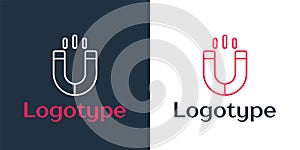 Logotype line Magnet icon isolated on white background. Horseshoe magnet, magnetism, magnetize, attraction. Logo design photo