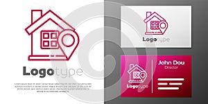 Logotype line Map pointer with house icon isolated on white background. Home location marker symbol. Logo design
