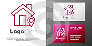 Logotype line Map pointer with house icon isolated on white background. Home location marker symbol. Logo design