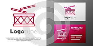 Logotype line Musical instrument drum and drum sticks icon isolated on white background. Logo design template element