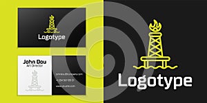 Logotype line Oil rig with fire icon isolated on black background. Gas tower. Industrial object. Logo design template