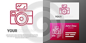 Logotype line Photo camera with lighting flash icon isolated on white background. Foto camera. Digital photography. Logo