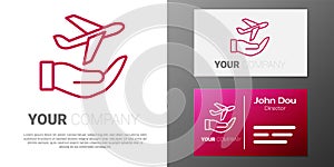 Logotype line Plane in hand icon isolated on white background. Flying airplane. Airliner insurance. Security, safety