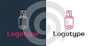 Logotype line USB flash drive icon isolated on white background. Logo design template element. Vector Illustration