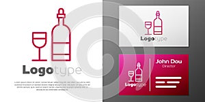 Logotype line Wine bottle with glass icon isolated on white background. Logo design template element. Vector