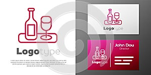 Logotype line Wine bottle with glass icon isolated on white background. Logo design template element. Vector