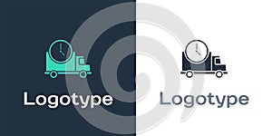 Logotype Logistics delivery truck and clock icon isolated on white background. Delivery time icon. Logo design template