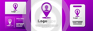 Logotype Map marker with a silhouette of a person icon isolated on white background. GPS location symbol. Logo design