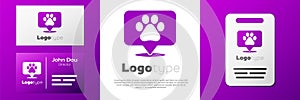 Logotype Map pointer with veterinary medicine hospital, clinic or pet shop for animals icon isolated on white background