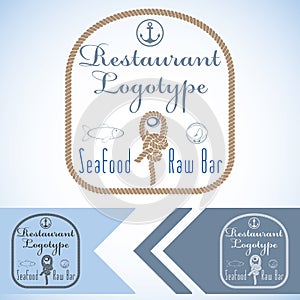 Logotype mock up for seafood restaurant and raw bar. Vector graphic design. with fish and oyster and rope