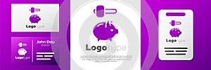 Logotype Piggy bank and hammer icon isolated on white background. Icon saving or accumulation of money, investment. Logo