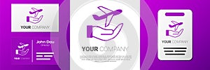 Logotype Plane in hand icon isolated on white background. Flying airplane. Airliner insurance. Security, safety