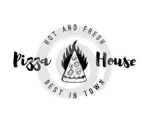 Logotype for restaurant pizzeria in the form of a piece of pizza with fire. Vector.