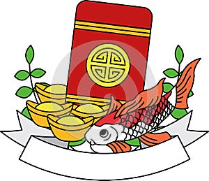 logotype style of an envelope koi fish and ancient money