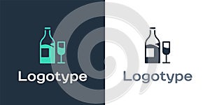 Logotype Wine bottle with glass icon isolated on white background. Logo design template element. Vector