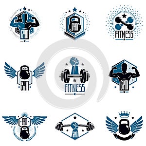 Logotypes for heavyweight gym or fitness sport gymnasium, vintage style vector emblems set.