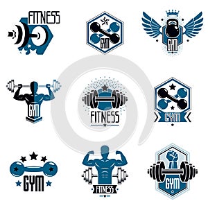 Logotypes for heavyweight gym or fitness sport gymnasium, vintage style vector emblems set.