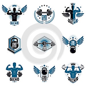 Logotypes for heavyweight gym or fitness sport gymnasium, vintage style vector emblems set.