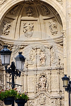 LogroÃ±o, La Rioja, Spain. April 23, 2018: Detail of the sculptures of the upper arch of the main door of the concathedral of Sant