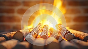 Logs Burning in Fireplace with Glowing Warmth and Cracking Fire photo