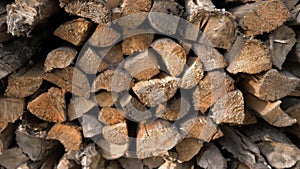 Logs of firewood neatly layered in the woodpile