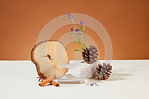 Logs, glass platforms, pine cones, cinnamon, anise and lavender flowers are displayed on a white-brown background. Creative space