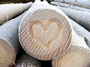 Logs with hoarfrost and heart symbol