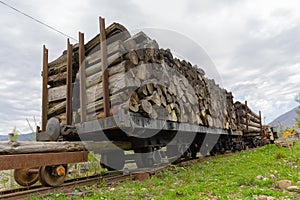 Logs of sawn timber on a car of a narrow-gauge line photo