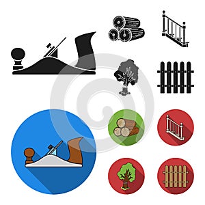 Logs in a stack, plane, tree, ladder with handrails. Sawmill and timber set collection icons in black, flat style vector