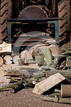 Logs and tractor driven saw