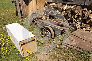 logs and trash in the yard of the house