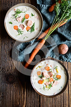 Lohikeitto, traditional salmon soup with potato, carrot and dill