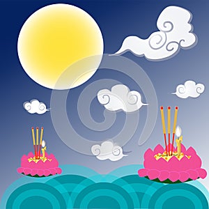 Loi Krathong tradition is Thai culture. Design images of Krathong in the river, clouds, moon