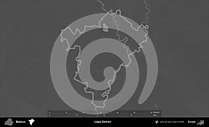 Lojeu District outlined, Belarus. Grayscale