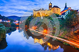Loket, Czech Republic. Colorful town and Castle Loket over Ohre River in the near of Karlovy Vary, Bohemia