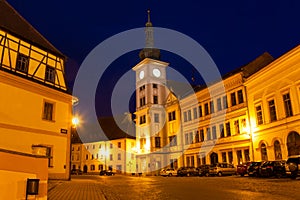 Loket main square and church at night