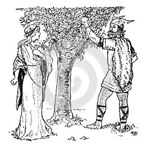 Loki Shows Idun a Crabapple Tree vintage illustration photo