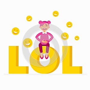 LOL icon as a laugh out loud sign yellow symbol with a funny smiling girl with pink hair sitting on LOL text. Cheerful